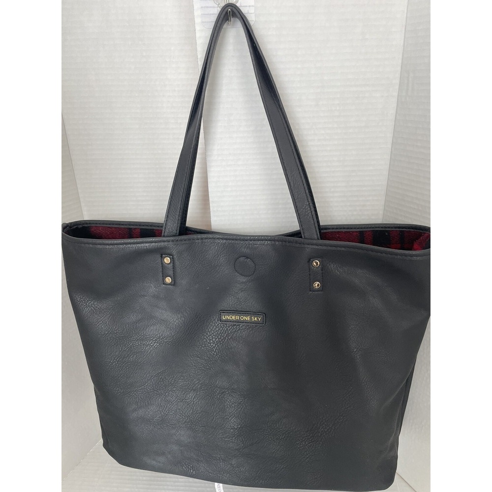 Under One Sky Reversible Black Faux Leather And Red Buffalo Plaid Strap Tote Bag - Picture 8 of 13